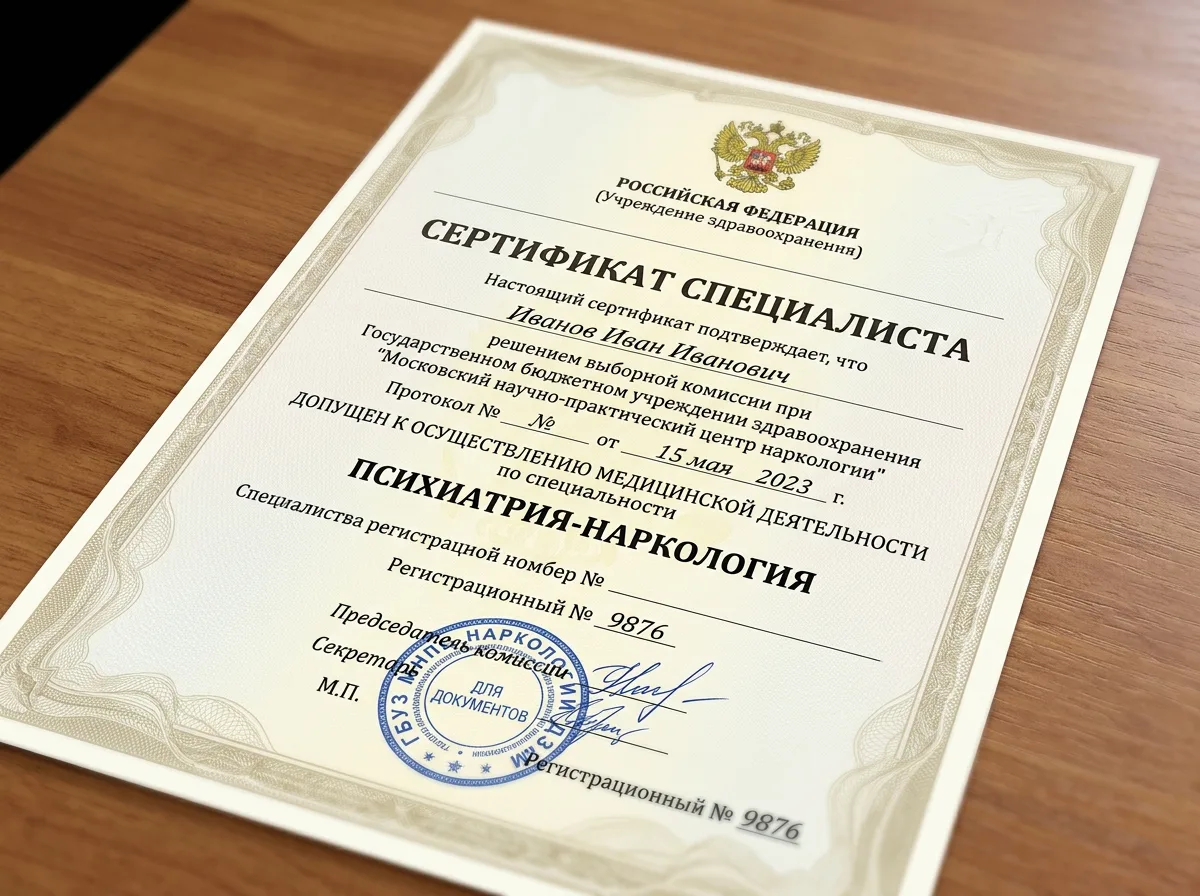 Сертификат специалиста психиатра-нарколога, официальный документ с печатью медицинской организации